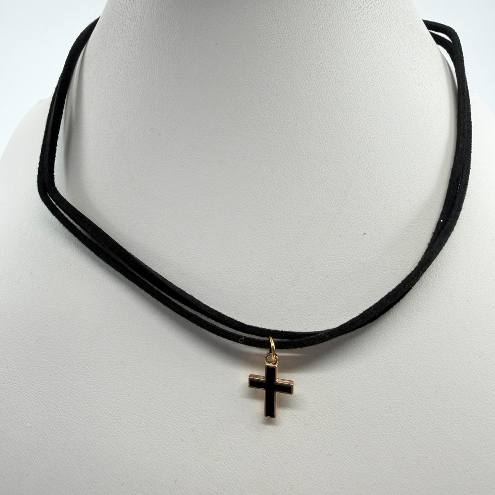 Black Suede Cord Double Layer Choker Necklace Gold Tone Enamel Cross Charm Gift